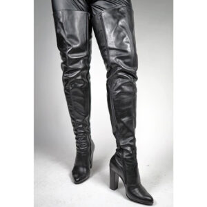 Extralanger Overknee Lederstiefel mit Blockabsatz