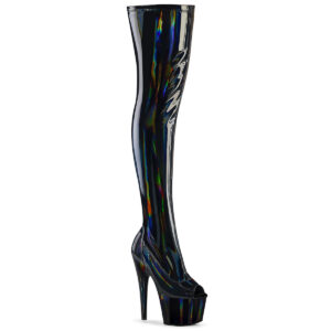 ADORE-3011HWR Peep Toe Overknee Plateau Stiefel Hologramm Stretchlack schwarz