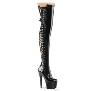 ADORE-3050 Overknee Plateau Stiefel mit seitlicher Schnürung schwarz Stretchlack