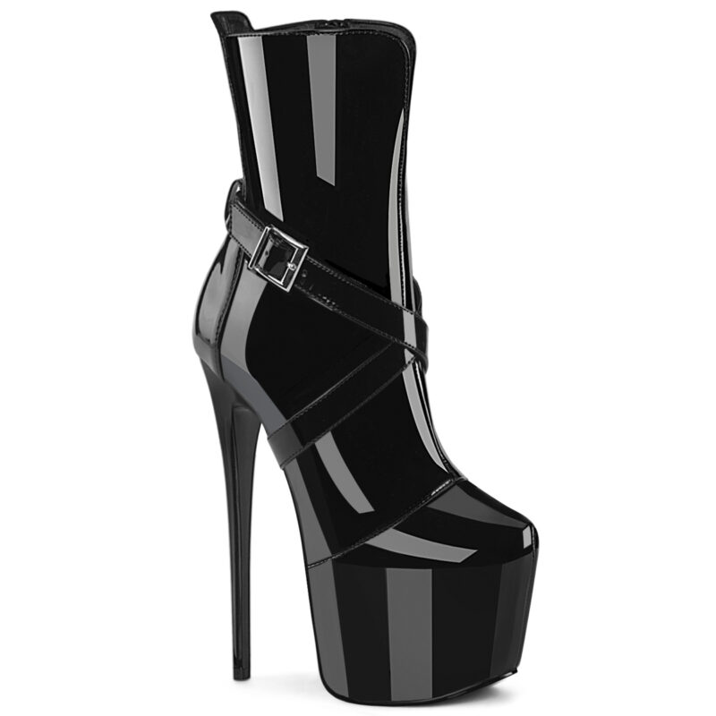 JUBILANT-1011 High Heels Plateau Stiefelette schwarz Lack mit abnehmbarem Riemchen und Reißverschluss von Pleaser USA. 17,5 cm Absatz, 7,5 cm Plateau.
