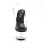 Komplett durchsichtige High Heel Sandalette mit Plateau, einem eleganten Riemchen und einer schwarzen Innensohle.