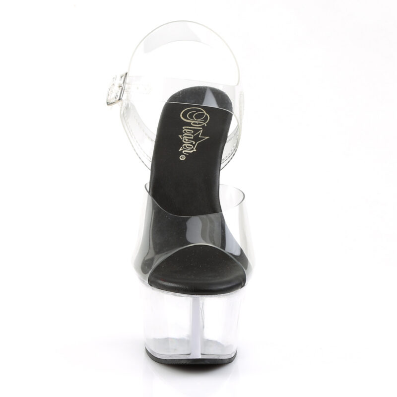 Komplett durchsichtige High Heel Sandalette mit Plateau, einem eleganten Riemchen und einer schwarzen Innensohle.