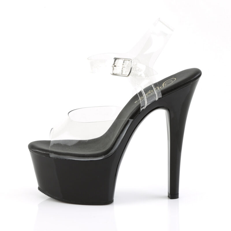 Durchsichtige High Heel Sandalette mit schwarzem Plateau, einem eleganten Riemchen und einer schwarzen Innensohle.