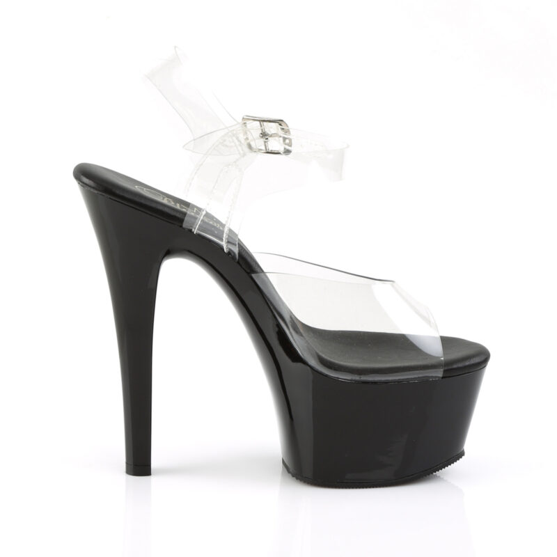 Durchsichtige High Heel Sandalette mit schwarzem Plateau, einem eleganten Riemchen und einer schwarzen Innensohle.