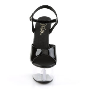 Riemchen Sandalette in schwarz Lack mit durchsichtigem Plateau und einer weichgepolsterten Kunstleder Innensohle.