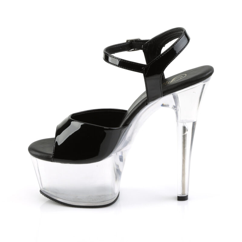Riemchen Sandalette in schwarz Lack mit durchsichtigem Plateau und klarem High Heel Absatz.
