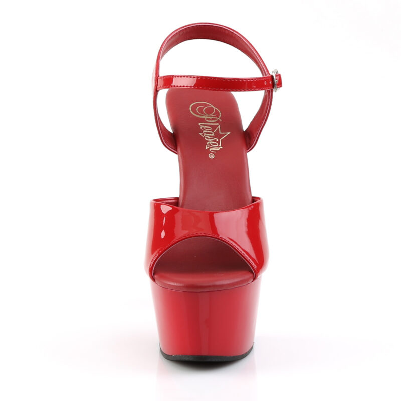 High Heel Riemchensandalette mit Plateau in rot Lack von vorne gesehen.