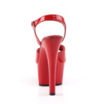 High Heel Riemchensandalette in rot Lack, man schaut von hinten auf den hohen Absatz.