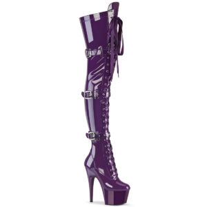 ADORE-3028 Overknee Plateau Stiefel mit Schnürung und Schnallen Stretchlack lila