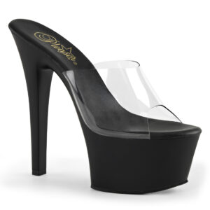 Durchsichtige High Heel Plateau Pantolette mit schwarzem Plateau und weichgepolsterter Innensohle ASPIRE-601.