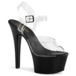 Durchsichtige High Heel Sandalette mit schwarzem Plateau, einem eleganten Riemchen und einer schwarzen Innensohle.