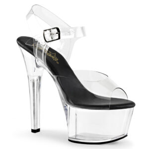 Komplett durchsichtige High Heel Sandalette mit Plateau, einem eleganten Riemchen und einer schwarzen Innensohle.