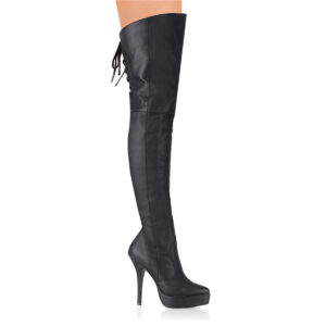 Schwarzer High Heel Plateau Overknee Lederstiefel mit kleiner Schnürung am Schaftende.