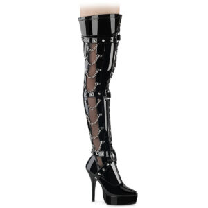 Schwarzer High-Heel Overknee Stretchlack Stiefel mit Plateau, seitlichem Netzeinsatz mit D-Ringen, mehreren hängenden kleinen Ketten, sowie mittig einen mit O-Ringen besetztem Bondage-Riemen.