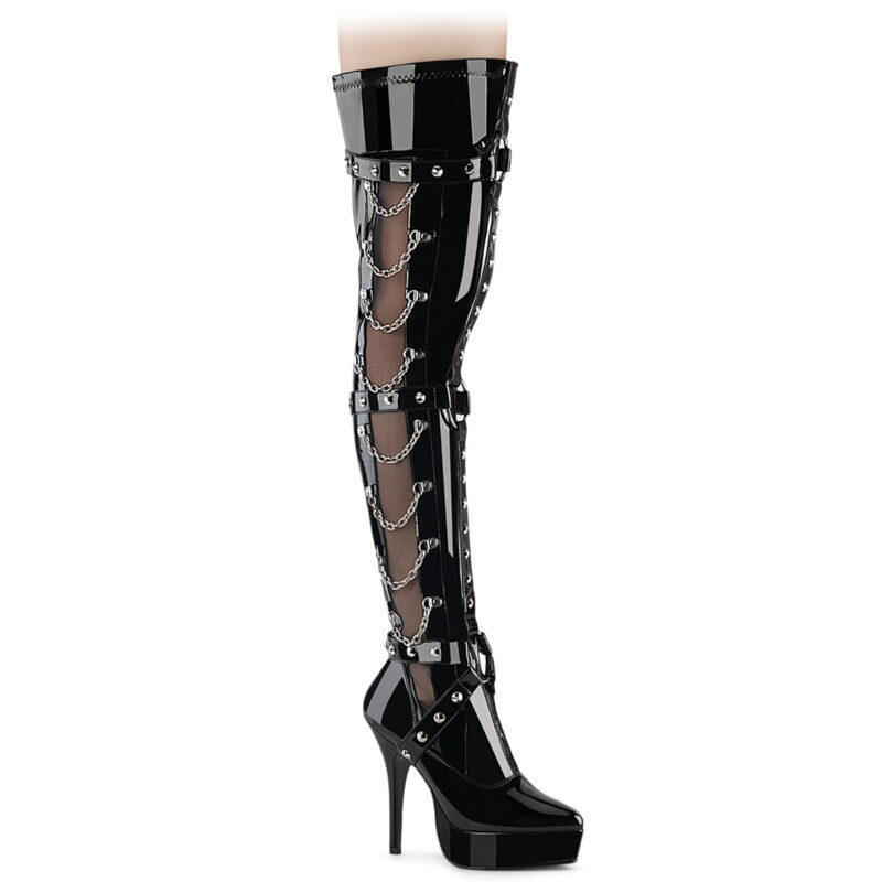 Schwarzer High-Heel Overknee Stretchlack Stiefel mit Plateau, seitlichem Netzeinsatz mit D-Ringen, mehreren hängenden kleinen Ketten, sowie mittig einen mit O-Ringen besetztem Bondage-Riemen.