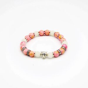 Damen Perlen Armband mit runden Jade Natursteinperlen in lachs-gold und weissen Sparkling Perlen, sowie Strass Rondellen in silber-Kristall. 
