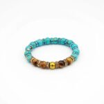 Damen Perlen Armband mit runden Jade Natursteinperlen in blau und Tiger Stone, sowie mehreren Strass Rondellen. 