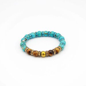 Damen Perlen Armband mit runden Jade Natursteinperlen in blau und Tiger Stone, sowie mehreren Strass Rondellen. 