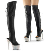 Overknee Plateau Stiefel mit offenem Zehen- und Fersenbereich in schwarz PU, 17,5 cm Absatz, 7 cm Plateau. Plateau und Absatz sind komplett mit silbernem Strass besetzt.