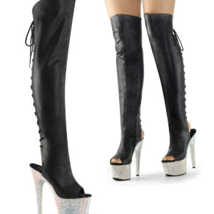 Overknee Plateau Stiefel mit offenem Zehen- und Fersenbereich in schwarz PU, 17,5 cm Absatz, 7 cm Plateau. Plateau und Absatz sind komplett mit silbernem Strass besetzt.