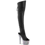 Overknee Plateau Stiefel mit offenem Zehen- und Fersenbereich in schwarz PU, 17,5 cm Absatz, 7 cm Plateau. Plateau und Absatz sind komplett mit unterschiedlich großen Strasssteinen besetzt.