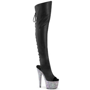 Overknee Plateau Stiefel mit offenem Zehen- und Fersenbereich in schwarz PU, 17,5 cm Absatz, 7 cm Plateau. Plateau und Absatz sind komplett mit unterschiedlich großen Strasssteinen besetzt.