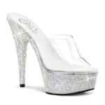 Durchsichtige High Heel Plateau Pantolette BEJEWELED-601DM mit strassbesetztem 5 cm Plateau und 15 cm Absatz, sowie einer weichgepolsterten hellen Innensohle.