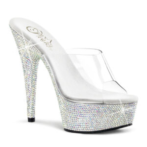 Durchsichtige High Heel Plateau Pantolette BEJEWELED-601DM mit strassbesetztem 5 cm Plateau und 15 cm Absatz, sowie einer weichgepolsterten hellen Innensohle.