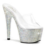 Durchsichtige High Heel Plateau Pantolette BEJEWELED-701DM mit strassbesetztem 7 cm Plateau und 17,5 cm Absatz, sowie einer weichgepolsterten hellen Innensohle.