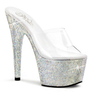 Durchsichtige High Heel Plateau Pantolette BEJEWELED-701DM mit strassbesetztem 7 cm Plateau und 17,5 cm Absatz, sowie einer weichgepolsterten hellen Innensohle.