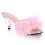 Satin Pantolette in baby pink mit pinkfarbenen Marabufedern und 7,5 cm hohem, durchsichtigem Absatz.