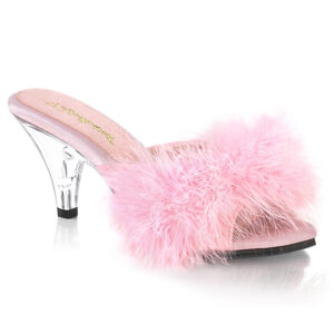 Satin Pantolette in baby pink mit pinkfarbenen Marabufedern und 7,5 cm hohem, durchsichtigem Absatz.