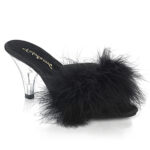 Schwarze Satin Pantolette mit schwarzen Marabufedern und 7,5 cm hohem, durchsichtigem Absatz.