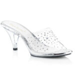Klassische durchsichtige Pantolette mit Strass, 7,5 cm Absatz und heller Lederinnensohle.