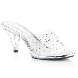 Klassische durchsichtige Pantolette mit Strass, 7,5 cm Absatz und heller Lederinnensohle.