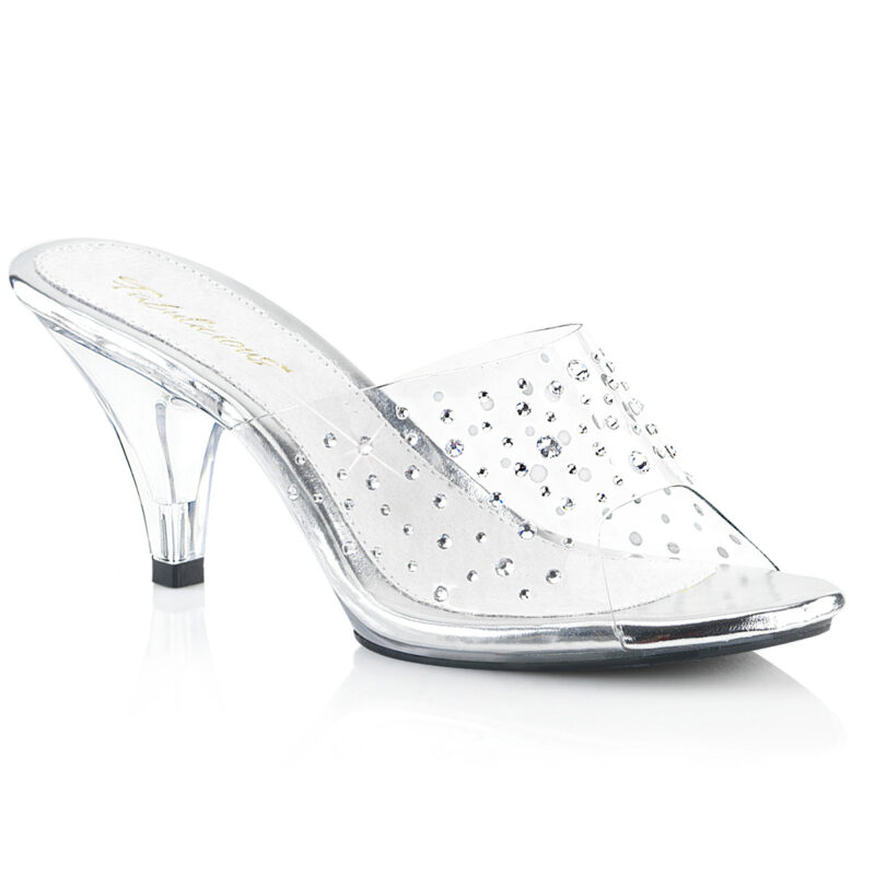 Klassische durchsichtige Pantolette mit Strass, 7,5 cm Absatz und heller Lederinnensohle.