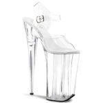 Durchsichtige Extrem High Heels Riemchen Sandalette mit Plateau, 25 cm Absatz, 16 cm Plateau und weichgepolsterte helle Innensohle aus Leder.