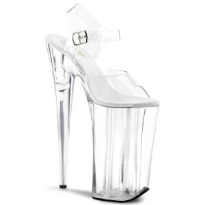 Durchsichtige Extrem High Heels Riemchen Sandalette mit Plateau, 25 cm Absatz, 16 cm Plateau und weichgepolsterte helle Innensohle aus Leder.