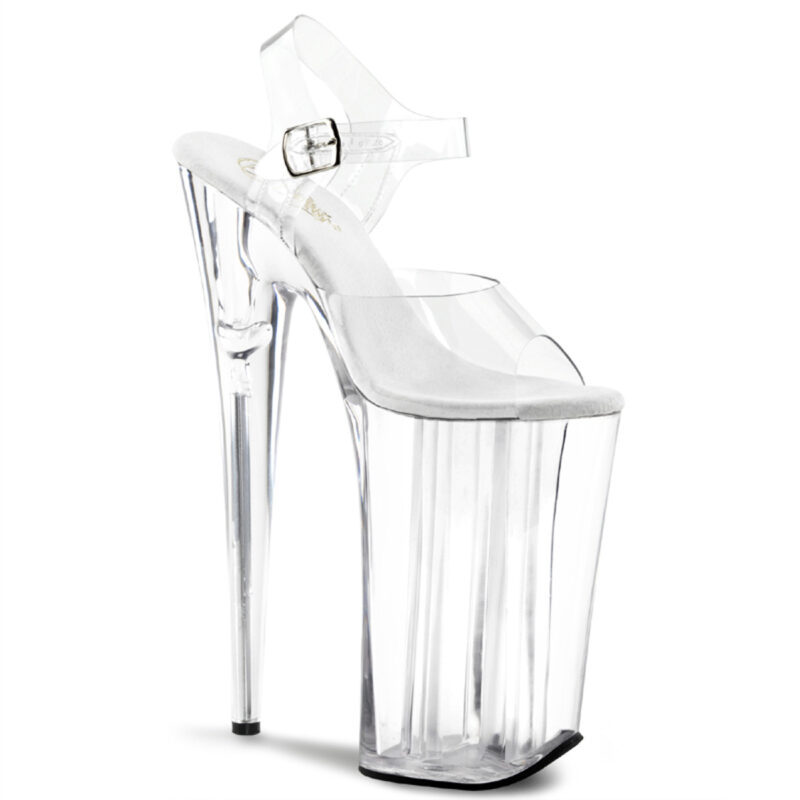 Durchsichtige Extrem High Heels Riemchen Sandalette mit Plateau, 25 cm Absatz, 16 cm Plateau und weichgepolsterte helle Innensohle aus Leder.