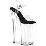 Durchsichtige Extrem High Heels Riemchen Sandalette mit Plateau, 25 cm Absatz, 16 cm Plateau und weichgepolsterte schwarze Innensohle aus Leder.