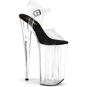 Durchsichtige Extrem High Heels Riemchen Sandalette mit Plateau, 25 cm Absatz, 16 cm Plateau und weichgepolsterte schwarze Innensohle aus Leder.