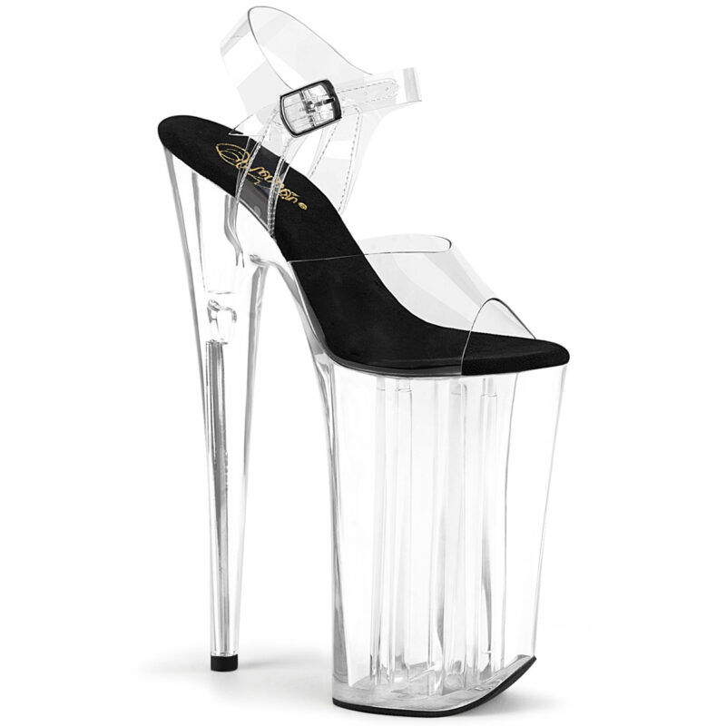 Durchsichtige Extrem High Heels Riemchen Sandalette mit Plateau, 25 cm Absatz, 16 cm Plateau und weichgepolsterte schwarze Innensohle aus Leder.