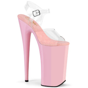 Durchsichtige Extrem High Heels Riemchen Sandalette mit 25 cm Absatz, 16 cm Plateau in baby pink und weichgepolsterte baby pinke Innensohle aus Leder.
