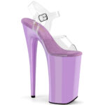 Durchsichtige Extrem High Heels Riemchen Sandalette mit 25 cm Absatz, 16 cm Plateau in lavendel und weichgepolsterte lavendelfarbige Innensohle aus Leder.