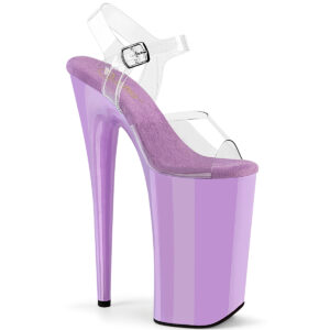 Durchsichtige Extrem High Heels Riemchen Sandalette mit 25 cm Absatz, 16 cm Plateau in lavendel und weichgepolsterte lavendelfarbige Innensohle aus Leder.
