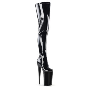 Extrem High Heels Crotch Overknee Stiefel in schwarz Lack mit 25 cm Absatz und 16 cm Plateau.
