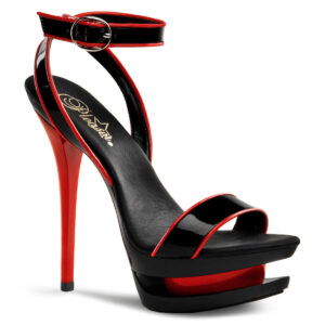 Zweifarbige Doppel Plateau Fesselriemchen Sandalette in schwarz-rot Lack von Pleaser USA mit 14,5 cm Absatz und 4 cm Plateau, sowie einer weichgepolsterten Lederinnensohle.