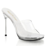 Durchsichtige 11 cm hohe High Heels Pantolette CHIC-01 mit silberfarbenem Metallabsatz und kleinem 1 cm Plateau, sowie heller Lederinnensohle aus der Kollektion Fabulicious von Pleaser USA.