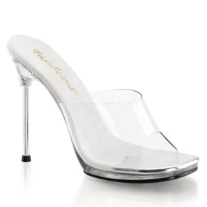 Durchsichtige 11 cm hohe High Heels Pantolette CHIC-01 mit silberfarbenem Metallabsatz und kleinem 1 cm Plateau, sowie heller Lederinnensohle aus der Kollektion Fabulicious von Pleaser USA.