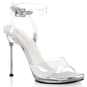 Durchsichtige 11 cm hohe High Heels Fesselriemchen Sandalette CHIC-06 mit silberfarbenem Metallabsatz und kleinem 1 cm Plateau, sowie heller Lederinnensohle aus der Kollektion Fabulicious von Pleaser USA.
